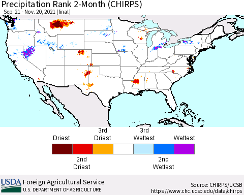 United States Precipitation Rank since 1981, 2-Month (CHIRPS) Thematic Map For 9/21/2021 - 11/20/2021