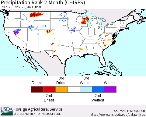 United States Precipitation Rank 2-Month (CHIRPS) Thematic Map For 9/26/2021 - 11/25/2021