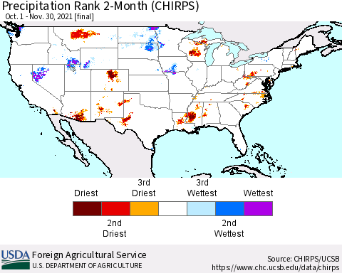 United States Precipitation Rank since 1981, 2-Month (CHIRPS) Thematic Map For 10/1/2021 - 11/30/2021
