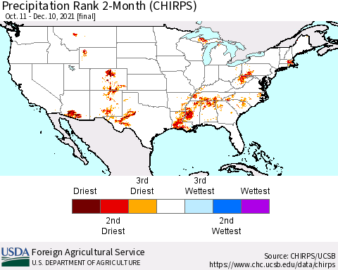 United States Precipitation Rank since 1981, 2-Month (CHIRPS) Thematic Map For 10/11/2021 - 12/10/2021
