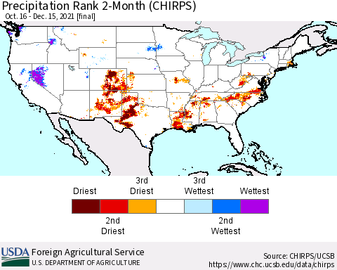 United States Precipitation Rank since 1981, 2-Month (CHIRPS) Thematic Map For 10/16/2021 - 12/15/2021