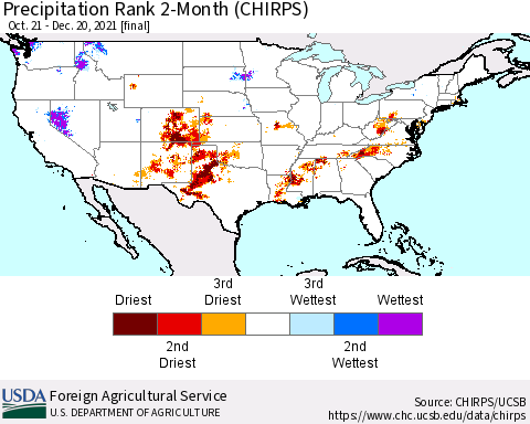 United States Precipitation Rank 2-Month (CHIRPS) Thematic Map For 10/21/2021 - 12/20/2021