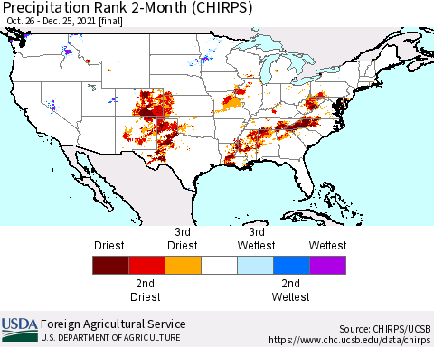 United States Precipitation Rank since 1981, 2-Month (CHIRPS) Thematic Map For 10/26/2021 - 12/25/2021