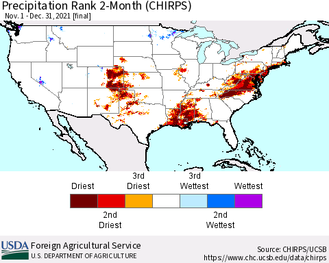 United States Precipitation Rank since 1981, 2-Month (CHIRPS) Thematic Map For 11/1/2021 - 12/31/2021