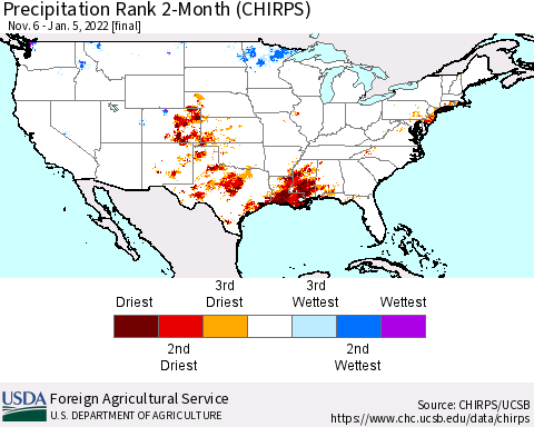 United States Precipitation Rank since 1981, 2-Month (CHIRPS) Thematic Map For 11/6/2021 - 1/5/2022