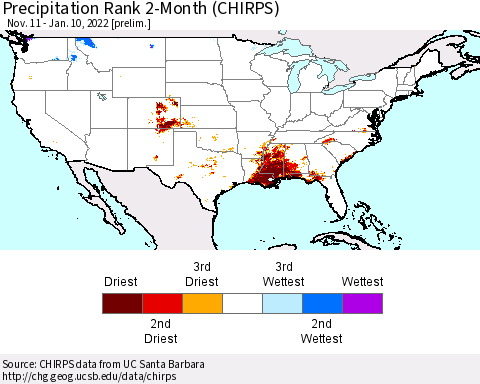 United States Precipitation Rank 2-Month (CHIRPS) Thematic Map For 11/11/2021 - 1/10/2022
