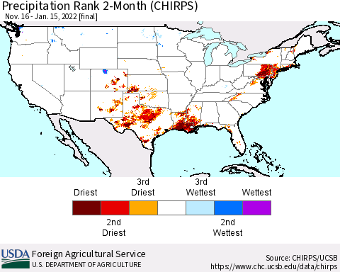 United States Precipitation Rank since 1981, 2-Month (CHIRPS) Thematic Map For 11/16/2021 - 1/15/2022