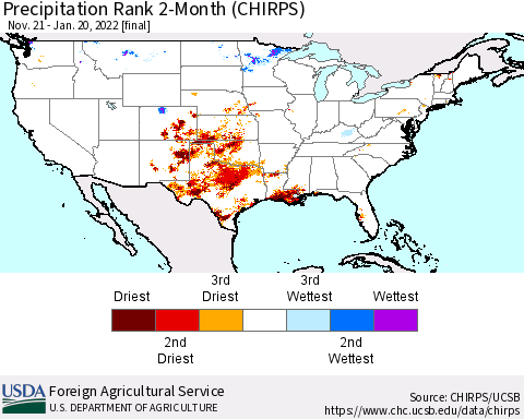 United States Precipitation Rank 2-Month (CHIRPS) Thematic Map For 11/21/2021 - 1/20/2022