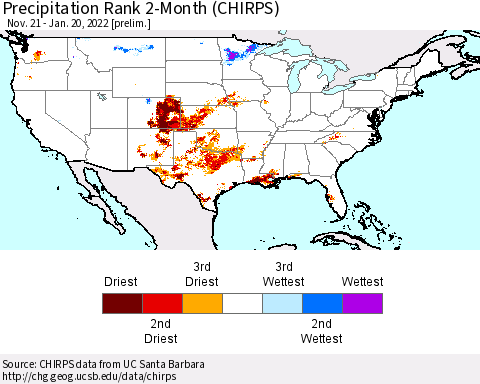 United States Precipitation Rank 2-Month (CHIRPS) Thematic Map For 11/21/2021 - 1/20/2022