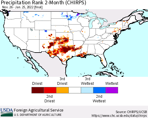 United States Precipitation Rank since 1981, 2-Month (CHIRPS) Thematic Map For 11/26/2021 - 1/25/2022