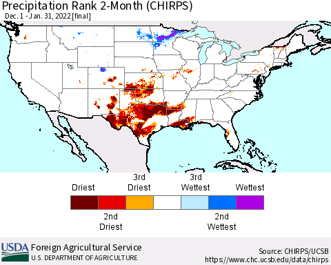 United States Precipitation Rank since 1981, 2-Month (CHIRPS) Thematic Map For 12/1/2021 - 1/31/2022