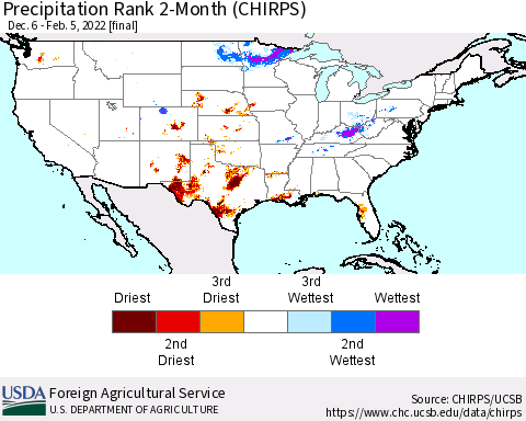 United States Precipitation Rank since 1981, 2-Month (CHIRPS) Thematic Map For 12/6/2021 - 2/5/2022