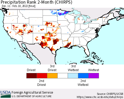 United States Precipitation Rank 2-Month (CHIRPS) Thematic Map For 12/11/2021 - 2/10/2022