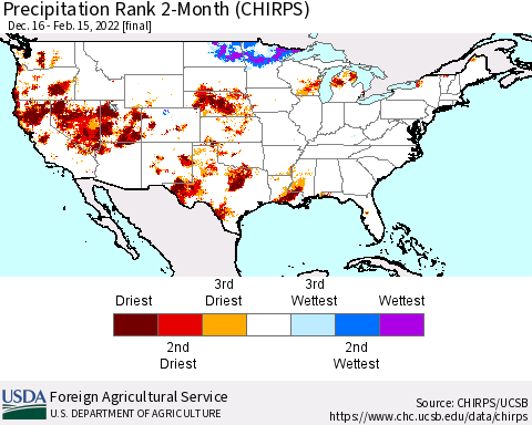 United States Precipitation Rank 2-Month (CHIRPS) Thematic Map For 12/16/2021 - 2/15/2022