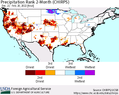 United States Precipitation Rank since 1981, 2-Month (CHIRPS) Thematic Map For 12/21/2021 - 2/20/2022
