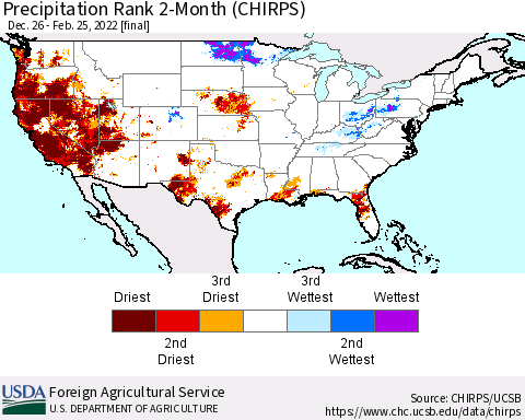 United States Precipitation Rank 2-Month (CHIRPS) Thematic Map For 12/26/2021 - 2/25/2022