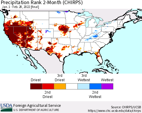 United States Precipitation Rank since 1981, 2-Month (CHIRPS) Thematic Map For 1/1/2022 - 2/28/2022