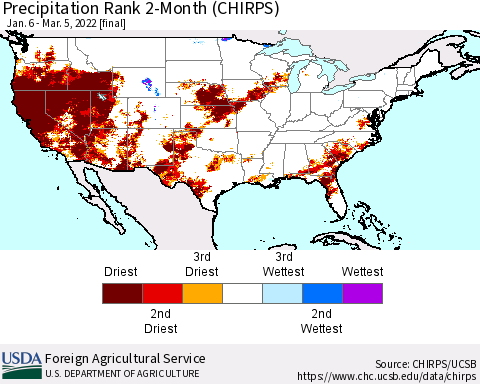 United States Precipitation Rank since 1981, 2-Month (CHIRPS) Thematic Map For 1/6/2022 - 3/5/2022