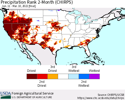 United States Precipitation Rank 2-Month (CHIRPS) Thematic Map For 1/11/2022 - 3/10/2022