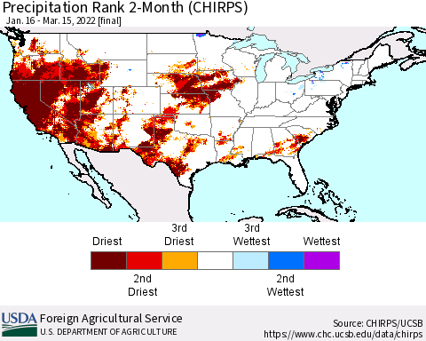 United States Precipitation Rank since 1981, 2-Month (CHIRPS) Thematic Map For 1/16/2022 - 3/15/2022