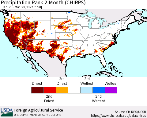 United States Precipitation Rank 2-Month (CHIRPS) Thematic Map For 1/21/2022 - 3/20/2022