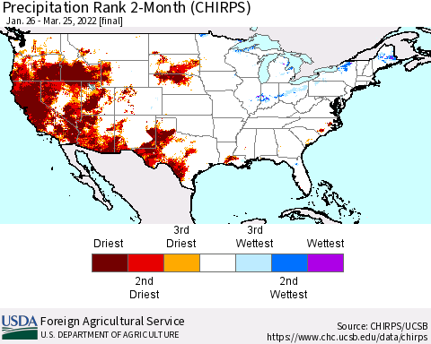 United States Precipitation Rank since 1981, 2-Month (CHIRPS) Thematic Map For 1/26/2022 - 3/25/2022