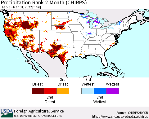 United States Precipitation Rank since 1981, 2-Month (CHIRPS) Thematic Map For 2/1/2022 - 3/31/2022