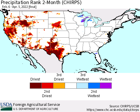 United States Precipitation Rank since 1981, 2-Month (CHIRPS) Thematic Map For 2/6/2022 - 4/5/2022