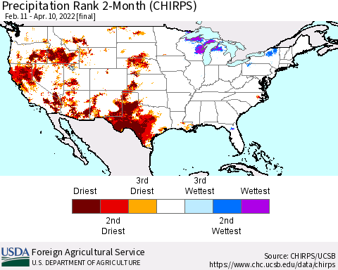 United States Precipitation Rank since 1981, 2-Month (CHIRPS) Thematic Map For 2/11/2022 - 4/10/2022