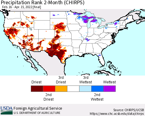 United States Precipitation Rank since 1981, 2-Month (CHIRPS) Thematic Map For 2/16/2022 - 4/15/2022
