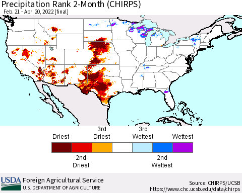United States Precipitation Rank since 1981, 2-Month (CHIRPS) Thematic Map For 2/21/2022 - 4/20/2022