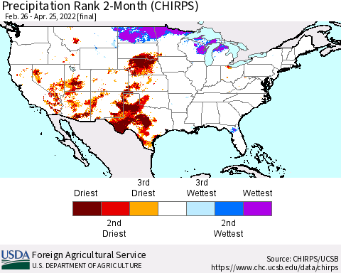 United States Precipitation Rank 2-Month (CHIRPS) Thematic Map For 2/26/2022 - 4/25/2022