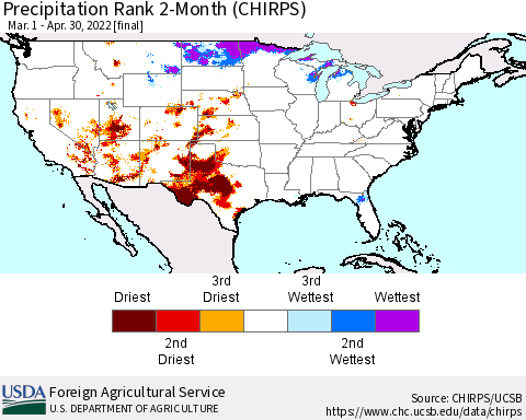United States Precipitation Rank 2-Month (CHIRPS) Thematic Map For 3/1/2022 - 4/30/2022