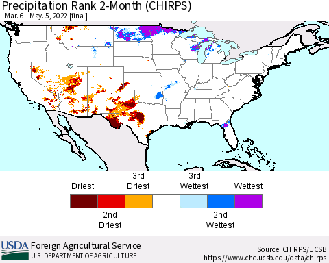 United States Precipitation Rank 2-Month (CHIRPS) Thematic Map For 3/6/2022 - 5/5/2022