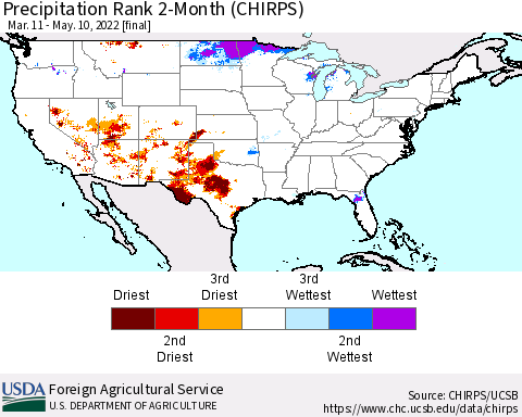 United States Precipitation Rank 2-Month (CHIRPS) Thematic Map For 3/11/2022 - 5/10/2022