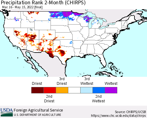 United States Precipitation Rank since 1981, 2-Month (CHIRPS) Thematic Map For 3/16/2022 - 5/15/2022
