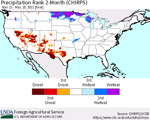 United States Precipitation Rank 2-Month (CHIRPS) Thematic Map For 3/21/2022 - 5/20/2022