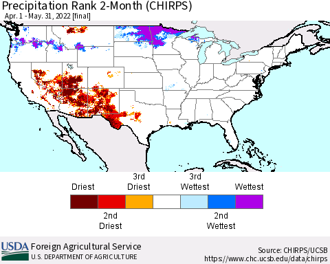 United States Precipitation Rank since 1981, 2-Month (CHIRPS) Thematic Map For 4/1/2022 - 5/31/2022