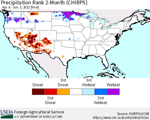 United States Precipitation Rank since 1981, 2-Month (CHIRPS) Thematic Map For 4/6/2022 - 6/5/2022