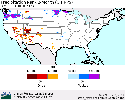 United States Precipitation Rank since 1981, 2-Month (CHIRPS) Thematic Map For 4/11/2022 - 6/10/2022