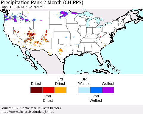 United States Precipitation Rank 2-Month (CHIRPS) Thematic Map For 4/11/2022 - 6/10/2022
