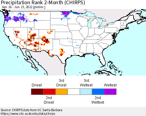 United States Precipitation Rank 2-Month (CHIRPS) Thematic Map For 4/16/2022 - 6/15/2022