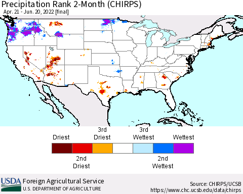 United States Precipitation Rank 2-Month (CHIRPS) Thematic Map For 4/21/2022 - 6/20/2022