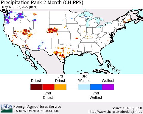 United States Precipitation Rank since 1981, 2-Month (CHIRPS) Thematic Map For 5/6/2022 - 7/5/2022
