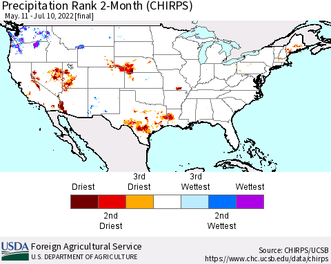 United States Precipitation Rank since 1981, 2-Month (CHIRPS) Thematic Map For 5/11/2022 - 7/10/2022
