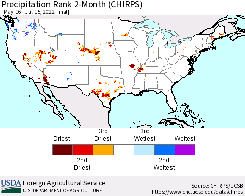 United States Precipitation Rank since 1981, 2-Month (CHIRPS) Thematic Map For 5/16/2022 - 7/15/2022