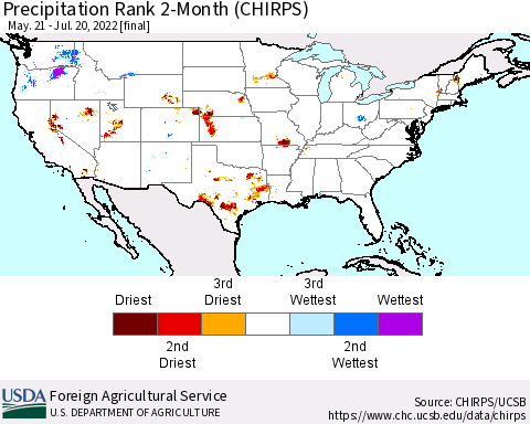 United States Precipitation Rank since 1981, 2-Month (CHIRPS) Thematic Map For 5/21/2022 - 7/20/2022
