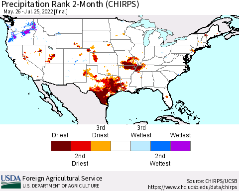 United States Precipitation Rank since 1981, 2-Month (CHIRPS) Thematic Map For 5/26/2022 - 7/25/2022