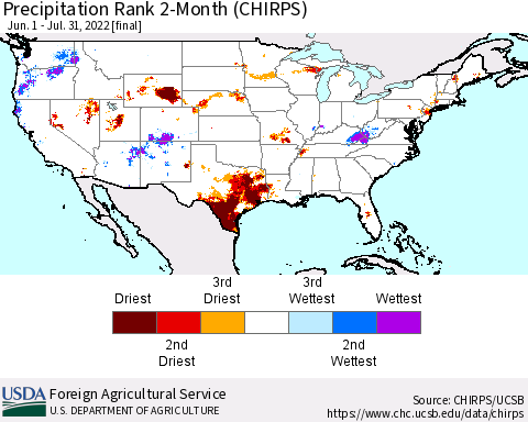 United States Precipitation Rank since 1981, 2-Month (CHIRPS) Thematic Map For 6/1/2022 - 7/31/2022