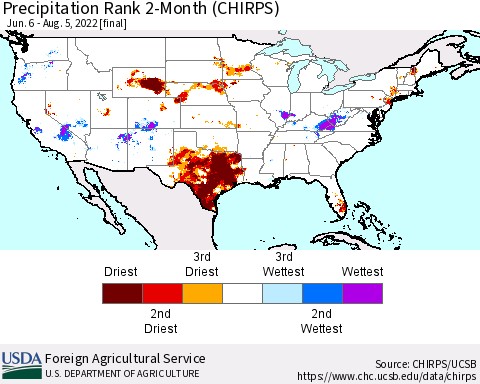 United States Precipitation Rank since 1981, 2-Month (CHIRPS) Thematic Map For 6/6/2022 - 8/5/2022